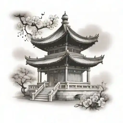 Pagoda Temple With Cherry Blossoms