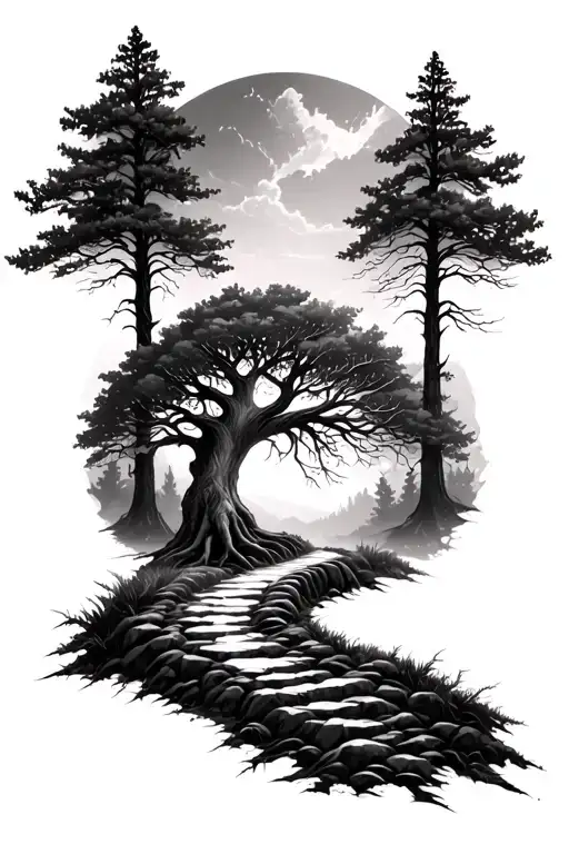 Deep Forest Path With Yggdrasil At The End Of The Path