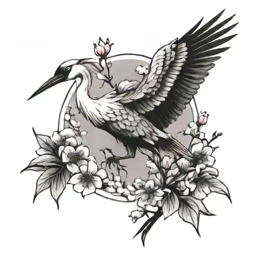 Crane And Cherry Blossoms