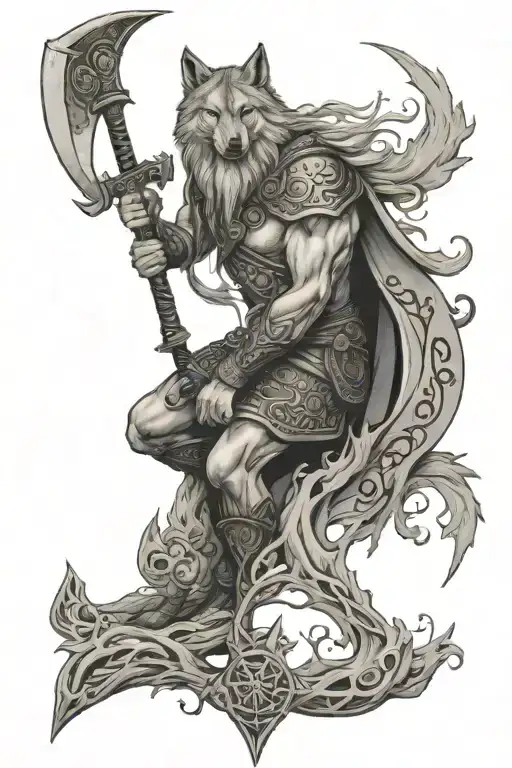 Norse Mythology With Axe And Wolf With Norse Tree And Symbols