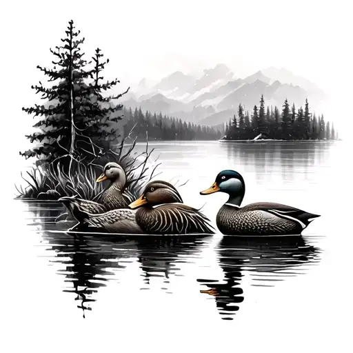 Ducks And Deer Near Lake