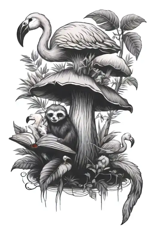 A Mushroom A Sloth A Book A Leafy Plant And A Flamingo