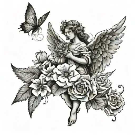 Winged Angel With Flowers In She Is Hand Coming