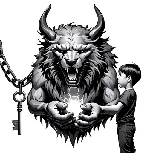 Cerberus Chained And A Kid With A Key In Hands Looking At It