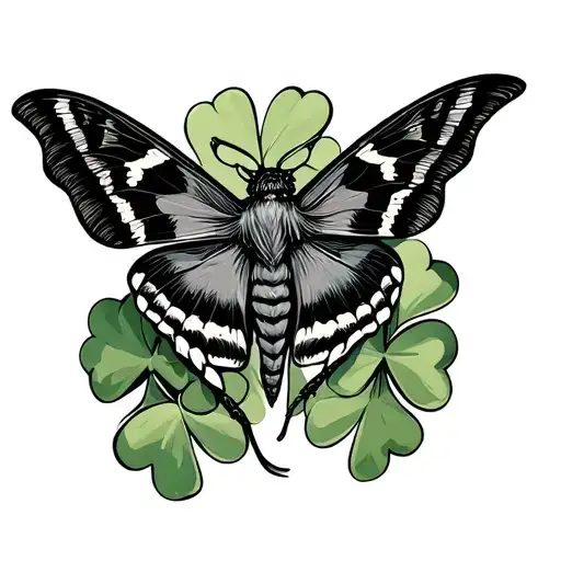 Black Traditional Moth And Shamrock Tatoo