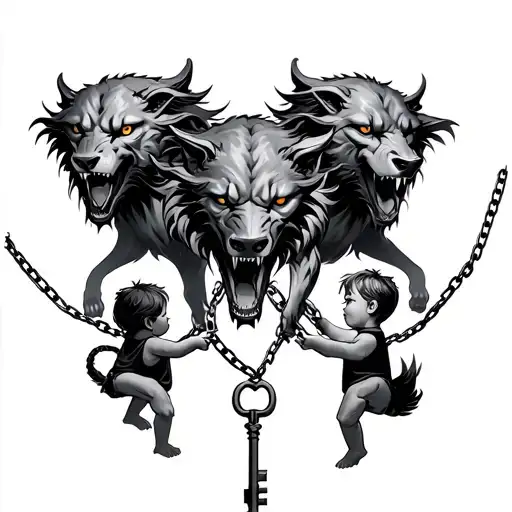 Cerberus With 3 Heads Chained And A Kid With A Key In Hands Looking At It