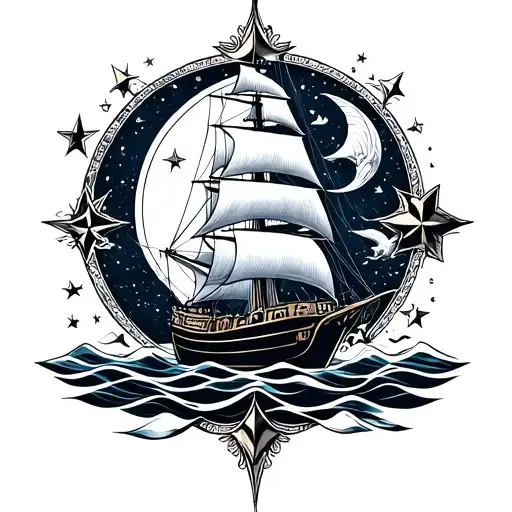 Sailboat With Crescent With Stars Lines With Wind Rose