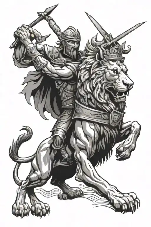 Spartan Warrior Fighting A Lion Wearing A Crown