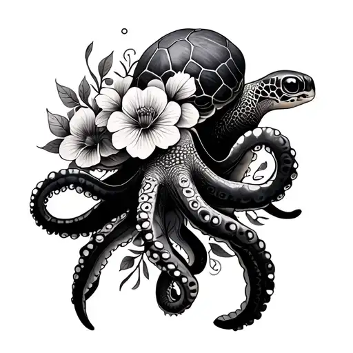 Sea Turtle And Octopus With Flowers Intertwined