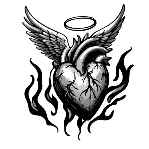 Heart With Wing And Halo With Fire Underneath