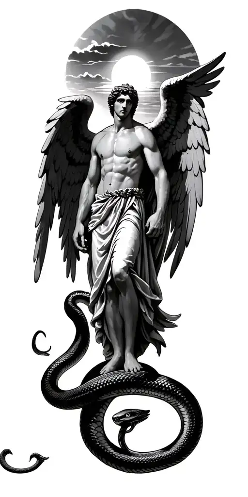 Arc Angels Michael Angelo Standing On A Snake With Sunset On Top