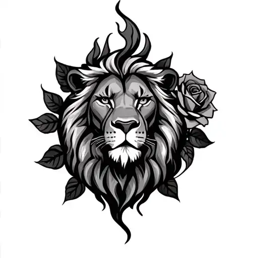 Generate Me A Tattoo Which Represents Fire And Roses Related To The Astrological Sign Lion