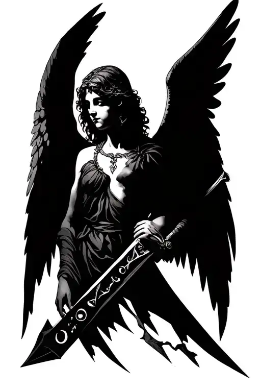 Angel W Wings Holding A Broken Sword With A Semi Colon On The Sword