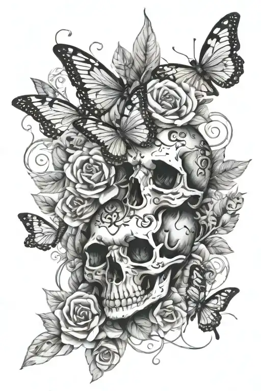 Floral Skull And Snake Sleeve Tattoo Featuring Butterflies And Dragonflies