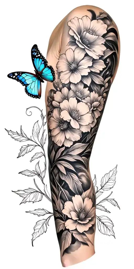 A Full Arm Sleeve Tattoo Featuring Flowers And Butterflies