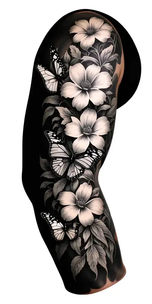 A Full Arm Sleeve Tattoo Featuring Flowers And Butterflies