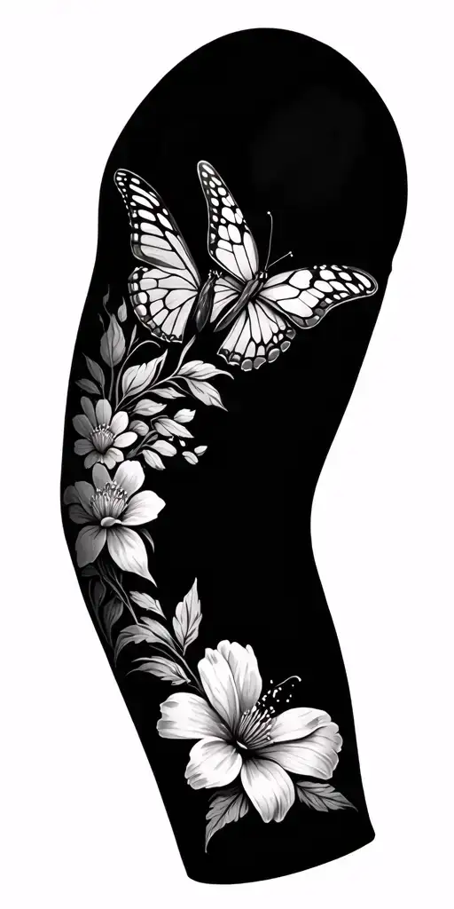 A Full Arm Sleeve Tattoo Featuring Flowers And Butterflies