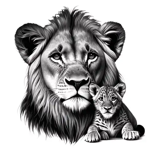 Lion And Baby Cub Face Photo Realistic Outline Drawing