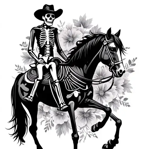 Skeleton Cowboy On Skeleton Horse With Floral Background