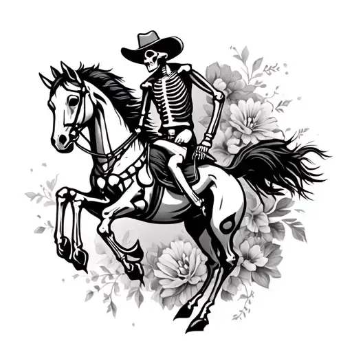 Skeleton Cowboy On Bucking Skeleton Horse With Floral Background Realistic