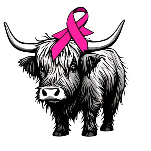 Cute Highland Cow With Breast Cancer Ribbon On Head