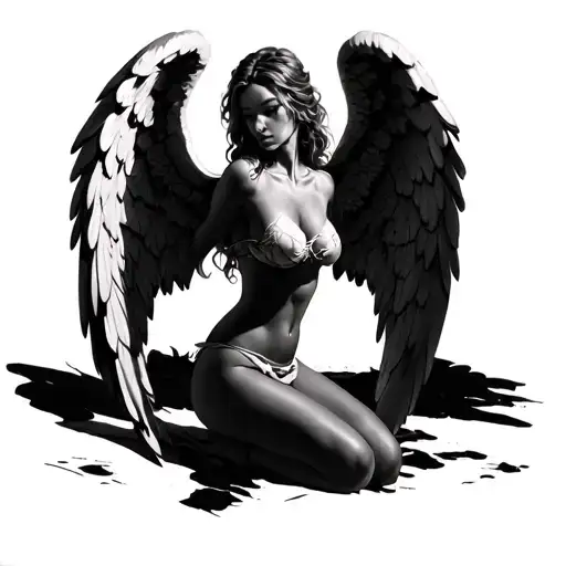 Realistic Black And White Female Angel Kneeling