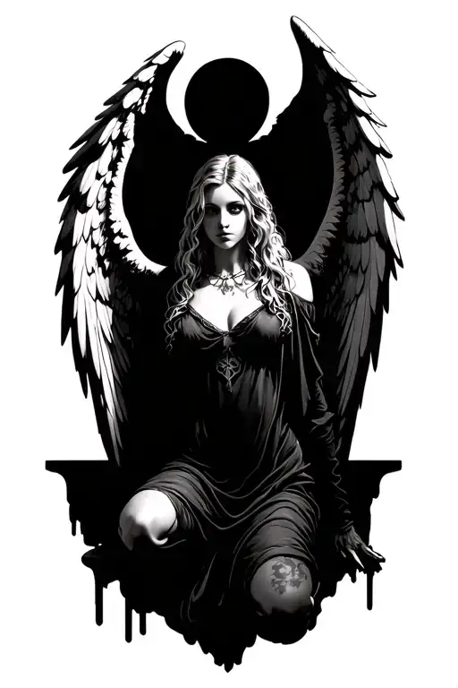 Gothic Black And White Female Angel Kneeling