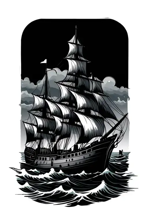 Landscape With Thick Lines Of Castle Who Faces The Sea With The Ship That Breakes Waves