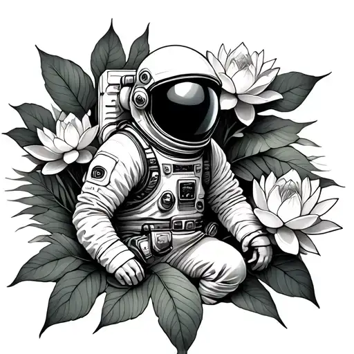 Astronaut Surrounded By Leaves And Lotus Flowers