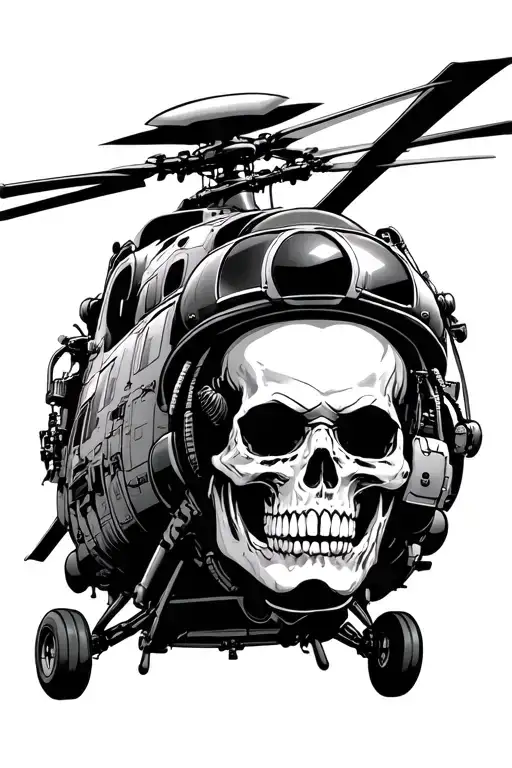 Skull Pilot And Military Puma Helicopter Flying