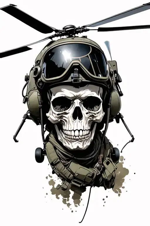 Skull Pilot Over Several Military Puma Helicopter Flying