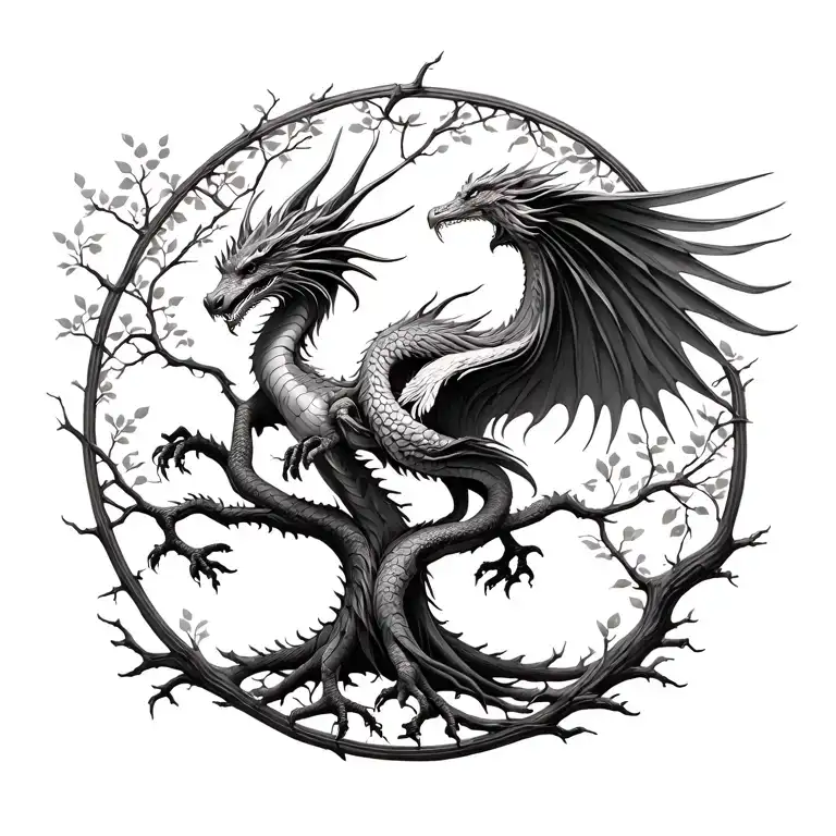 Dragon And Phoenix Rising From The Tree Of Life Intertwined