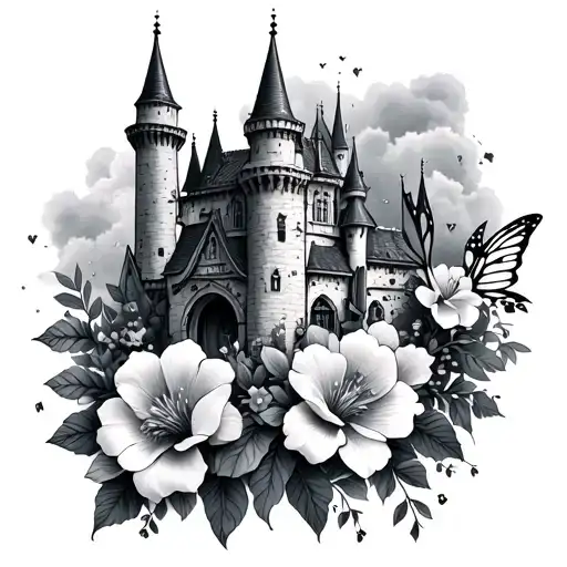 Fantasy Faerie And Castle With Flowers