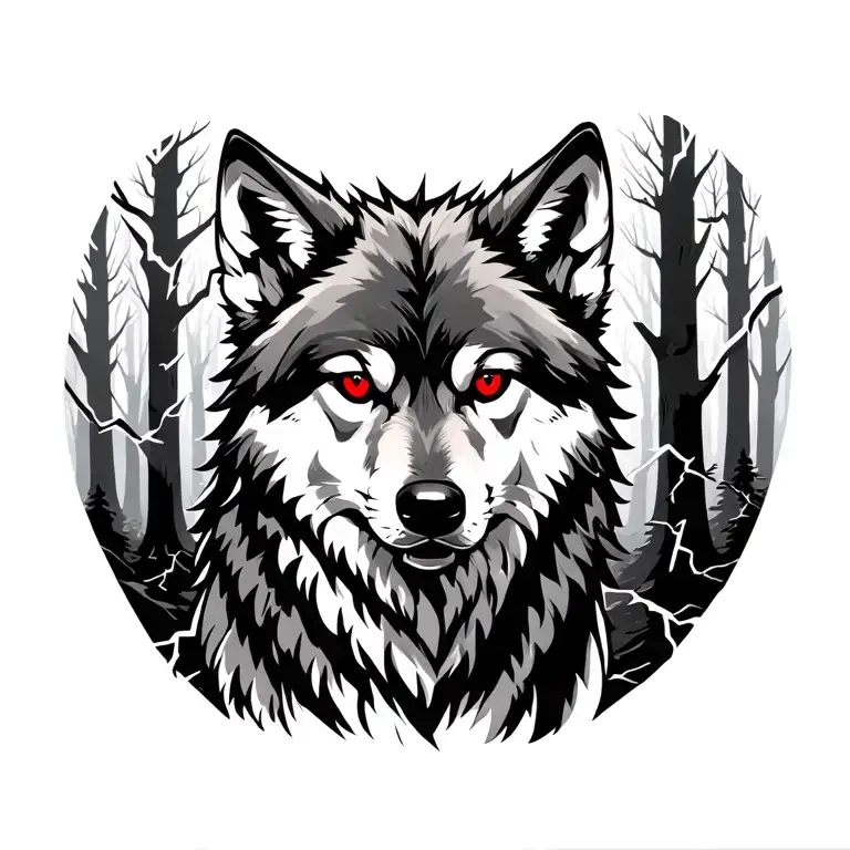 Wolf With Red Eyes Walking In A Forrest Of Lightning