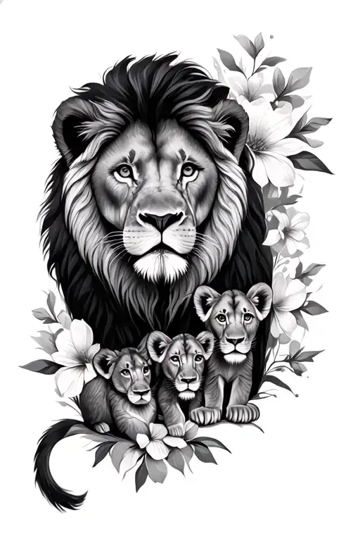 Lion And Cubs With Flowers