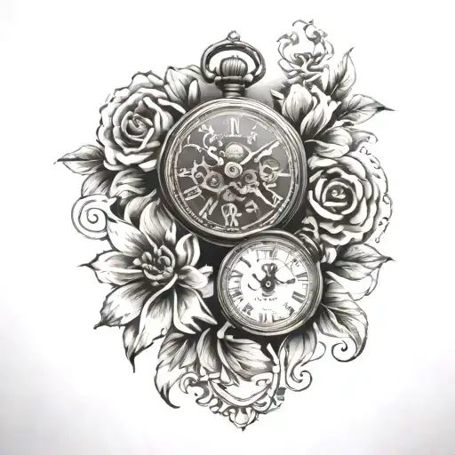 Old Watch And 5 Flowers