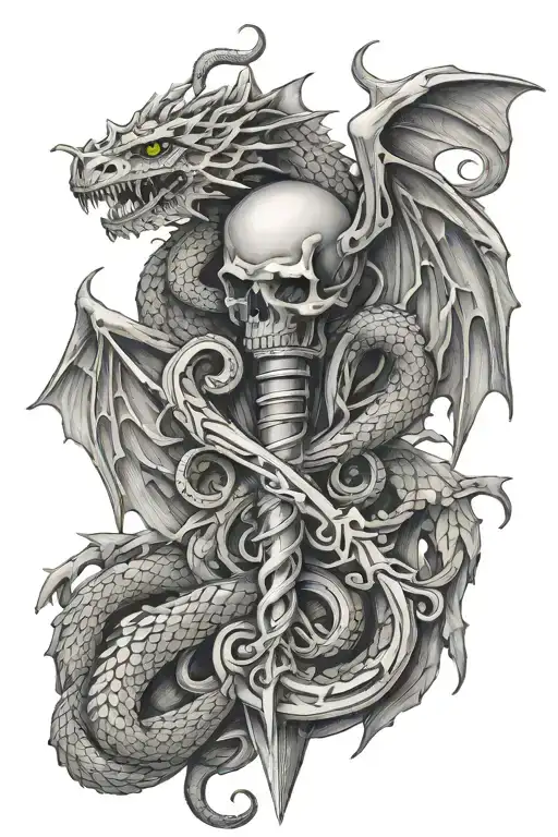 Caduceus With Dragons Instead Of Snakes And A Helmet On A Rifle Instead Of A Staff