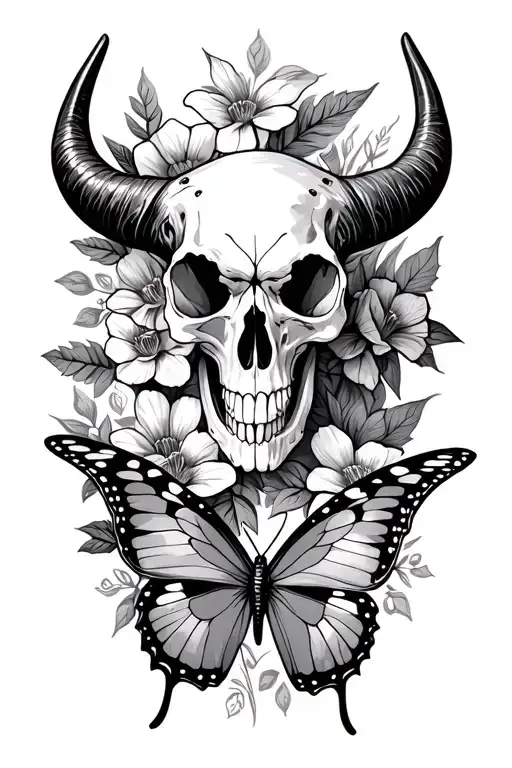 Long Horn Skull Floral Butterfly Western