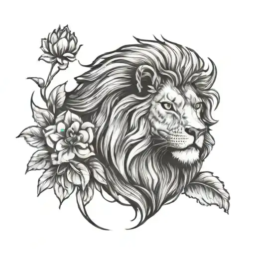 Lion Head And Flowers