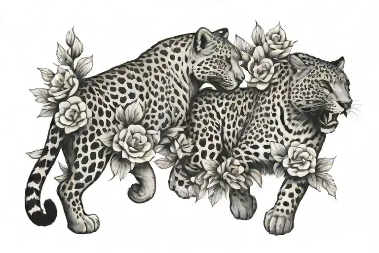 Leopards Walking Together Flowers