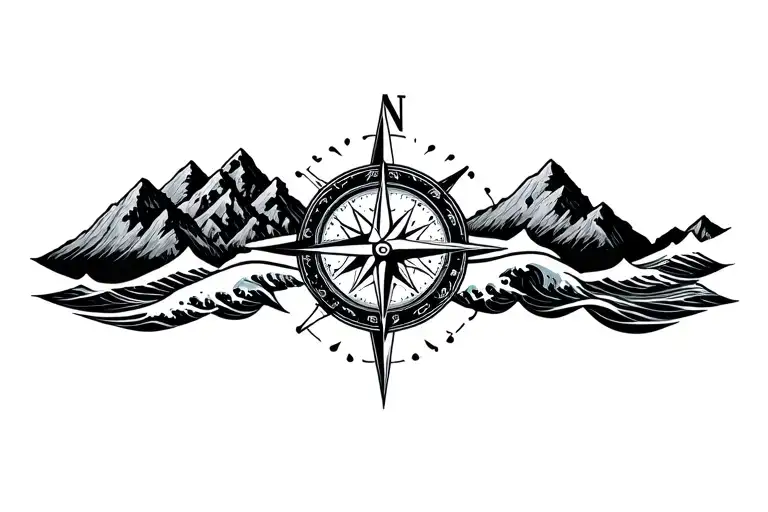Compass With Band Made Of Mountains And Crashing Waves