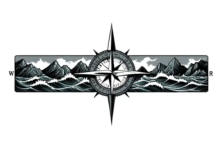 Compass With Band Made Of Mountains And Crashing Waves