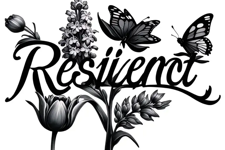 The Word Resilient With 1 Tulip And Butterfly Bush Flowers