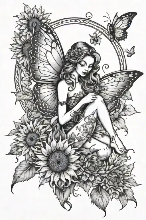Female Fairy Siiting On A Halfmoon Sunflowers Surrounding