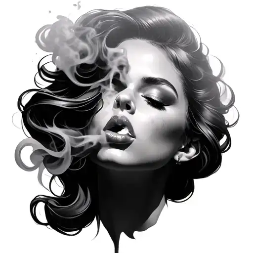 Pretty Girls Face With Eyes Closed Blowing Smoke From Her Mouth