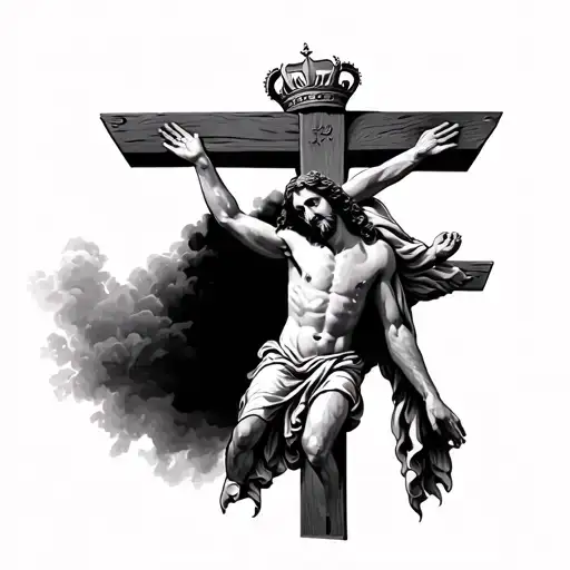 Great Tattoo Of Jesus Christ Releasing From The Cross With A Crown For The Back