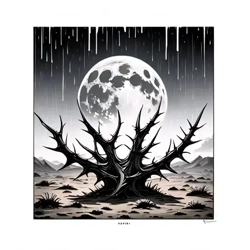 Alone Thorn In The Desert Under The Heavy Rain While The Big Moon Is Shining At Sky