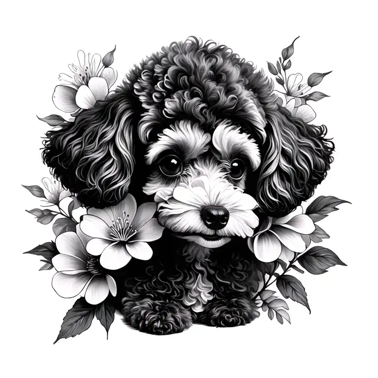 Poodle & Blooming Flowers