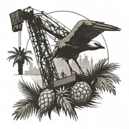 A Black-grey Tattoo Of A Construction Crane Against A Backdrop Of Pineapples