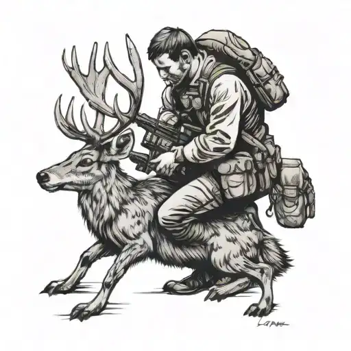 Back View Of Man Kneeling Being Held Up By Rifle Remorseful Over Dead Deer On Front Of Him